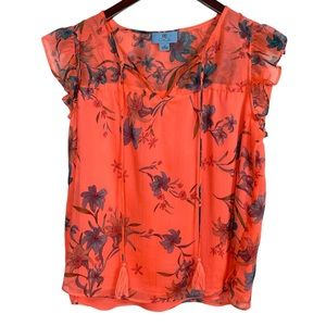CeCe Orange Floral Tassel Tie Top Size XS